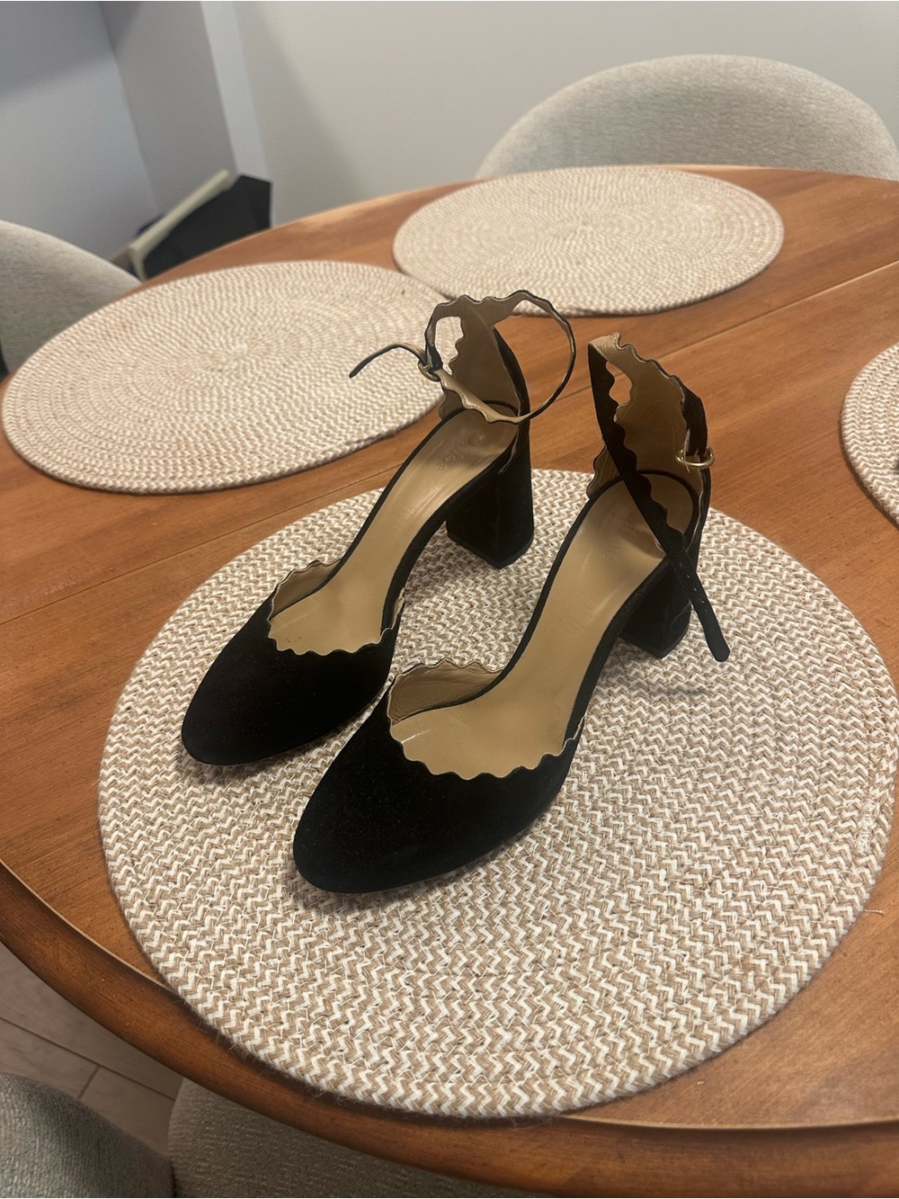 Chloe Black Suede Scalloped Ankle-Strap Heels – Size 38.5